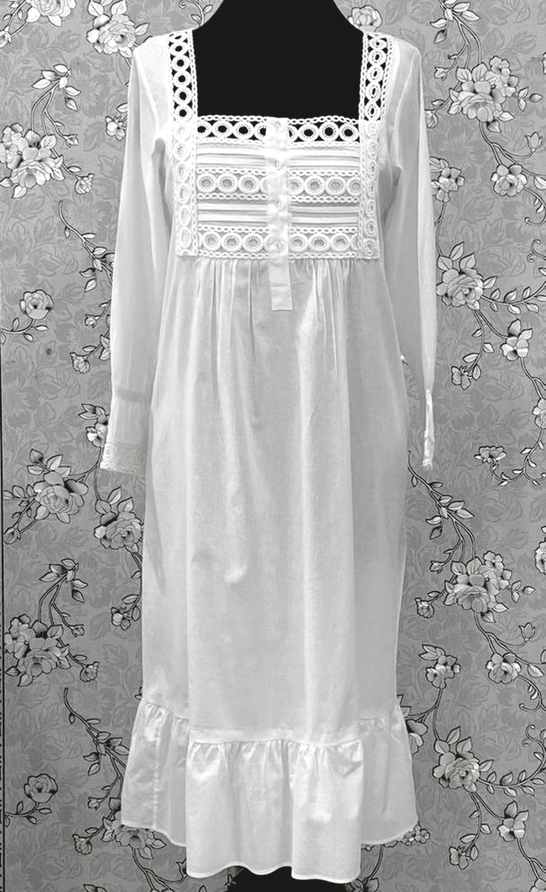 SoieRose SR-1213 Victorian 100% Cotton Nightgown – Square Neck Lace Trim & Ruffle Hem