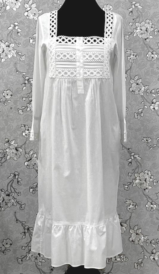SoieRose SR-1213 Victorian 100% Cotton Nightgown – Square Neck Lace Trim & Ruffle Hem