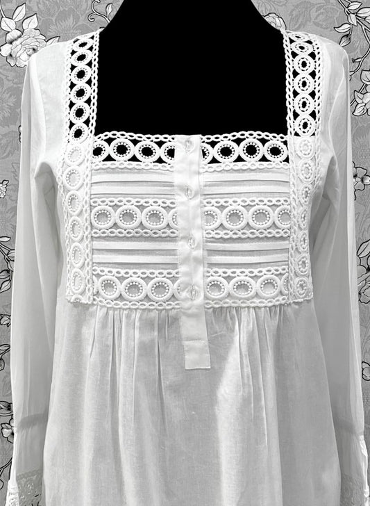 SoieRose SR-1213 Victorian 100% Cotton Nightgown – Square Neck Lace Trim & Ruffle Hem