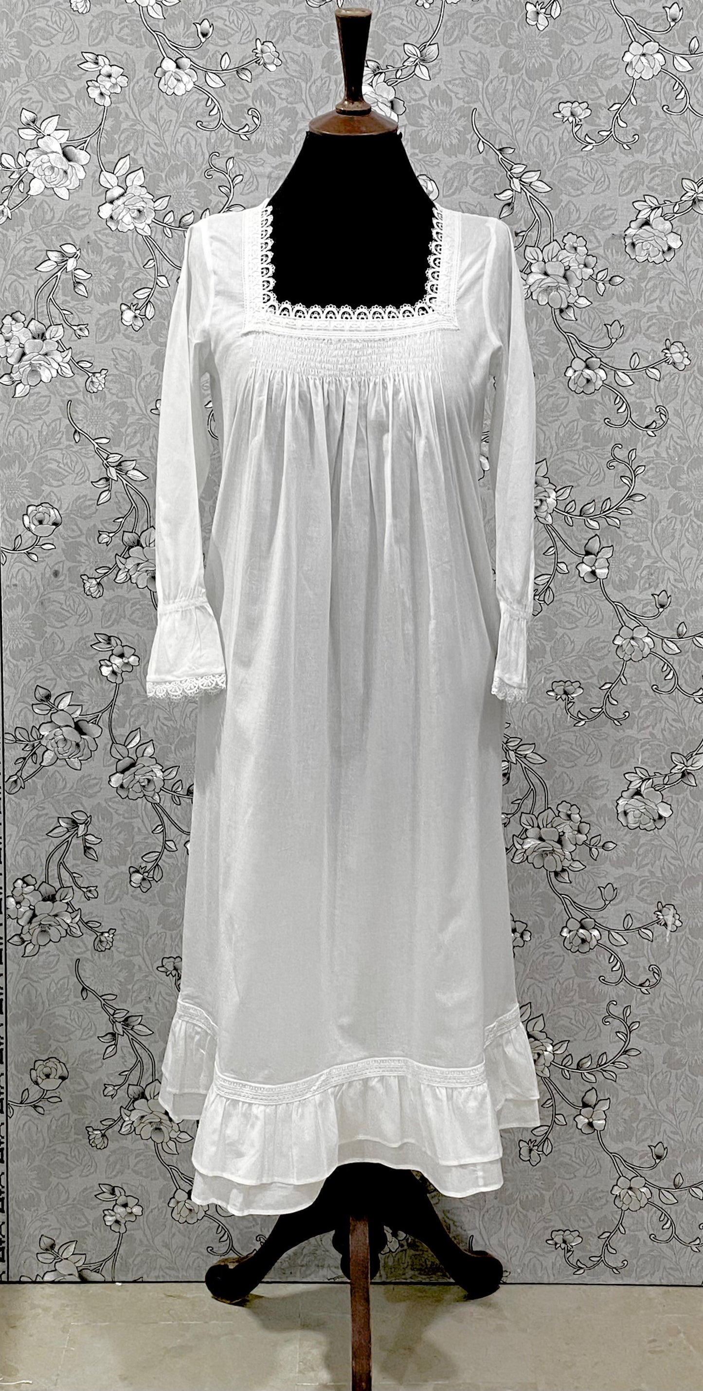 SoieRose SR-1214 Victorian 100% Cotton Nightgown – Smocked Bodice & Ruffle Hem Elegance