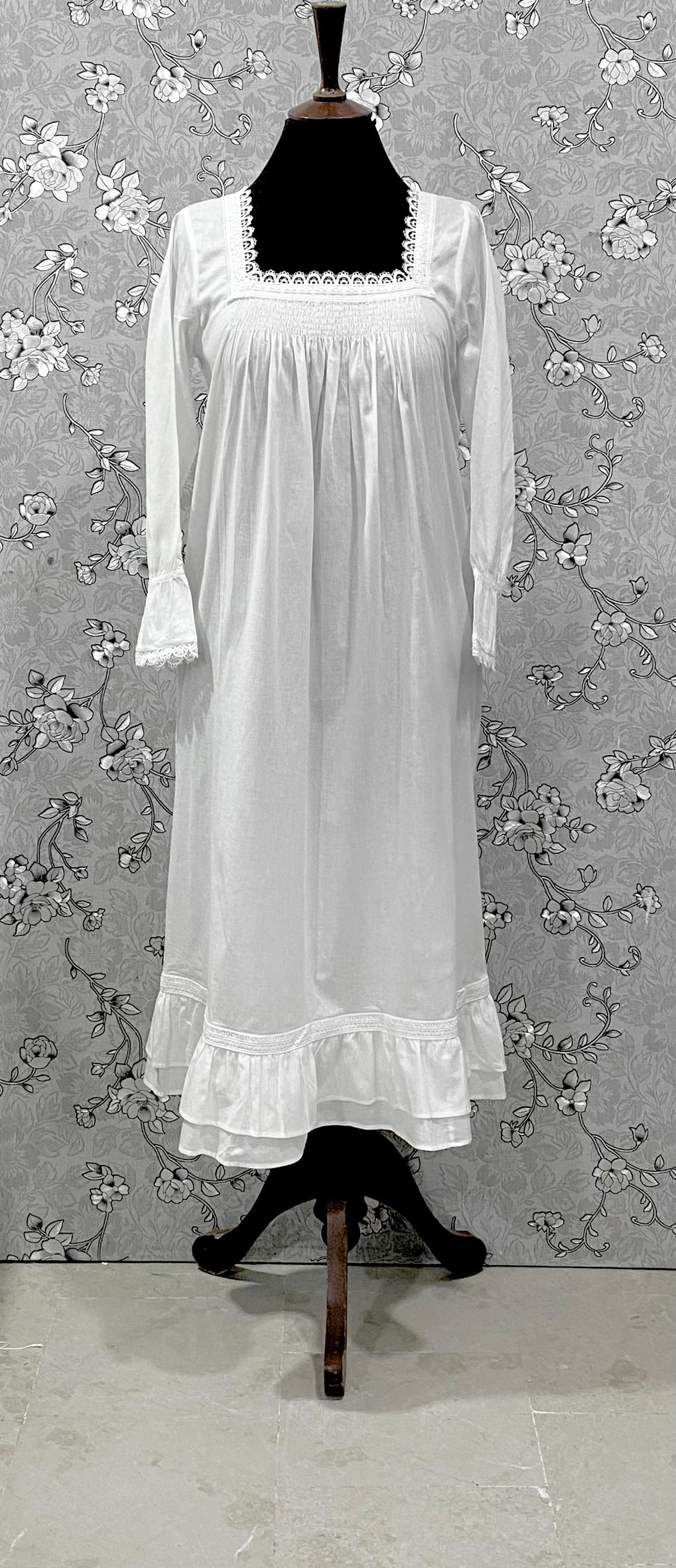 SoieRose SR-1214 Victorian 100% Cotton Nightgown – Smocked Bodice & Ruffle Hem Elegance