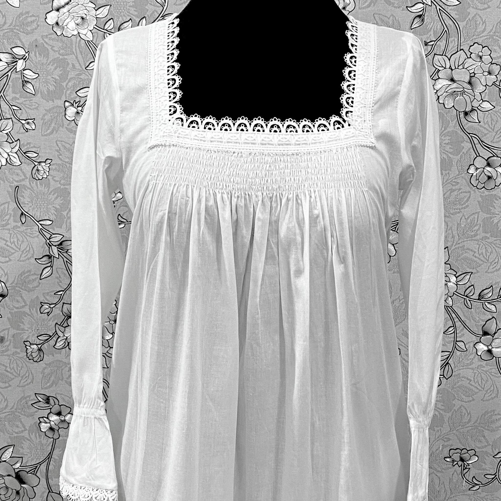 SoieRose SR-1214 Victorian 100% Cotton Nightgown – Smocked Bodice & Ruffle Hem Elegance