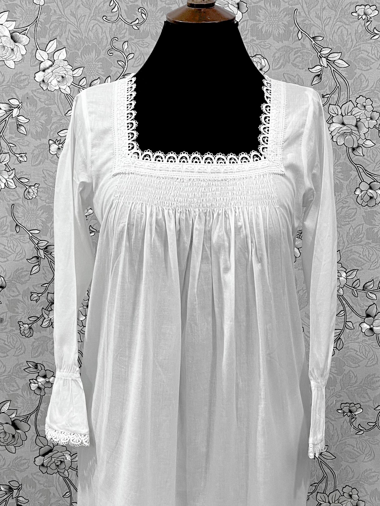 SoieRose SR-1214 Victorian 100% Cotton Nightgown – Smocked Bodice & Ruffle Hem Elegance