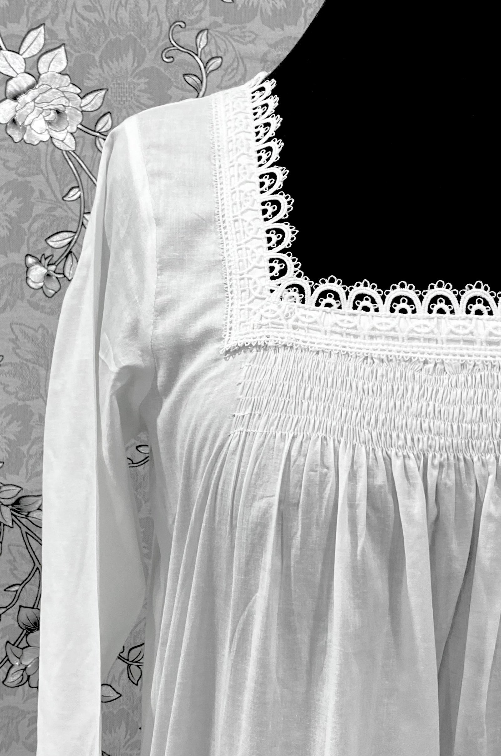 SoieRose SR-1214 Victorian 100% Cotton Nightgown – Smocked Bodice & Ruffle Hem Elegance