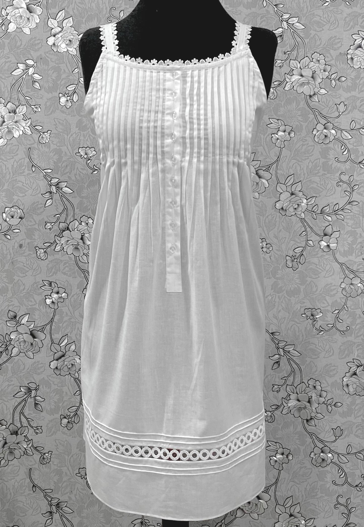 SoieRose SR-1215 Victorian 100% Cotton Nightgown – Sleeveless Lace Trim & Pintuck Front