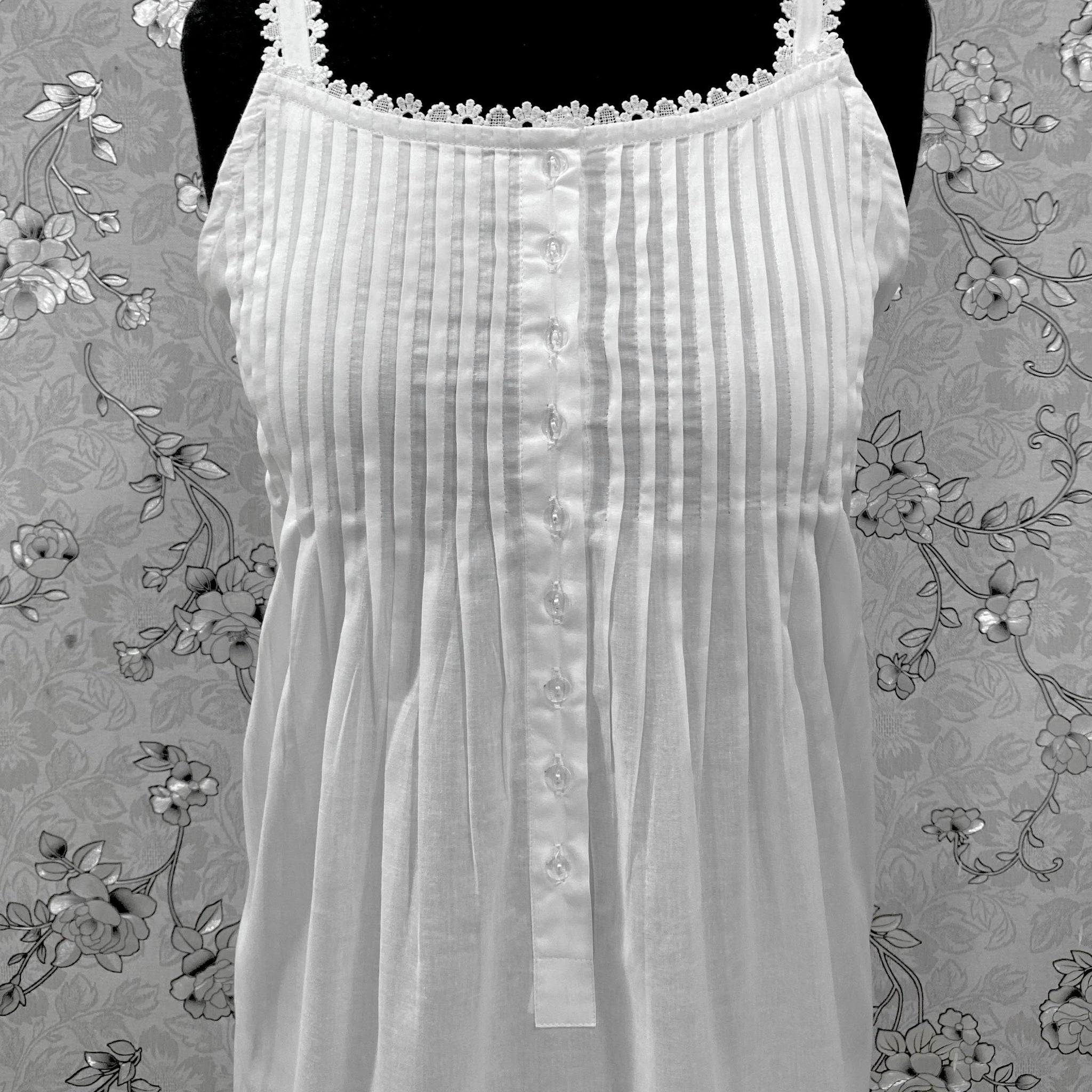 SoieRose SR-1215 Victorian 100% Cotton Nightgown – Sleeveless Lace Trim & Pintuck Front