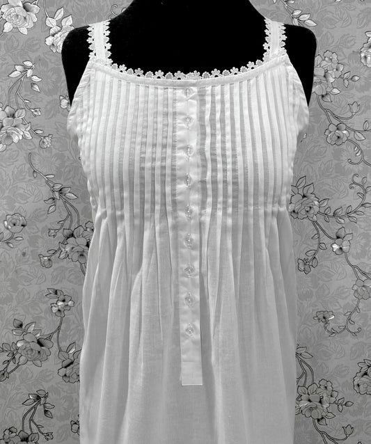 SoieRose SR-1215 Victorian 100% Cotton Nightgown – Sleeveless Lace Trim & Pintuck Front