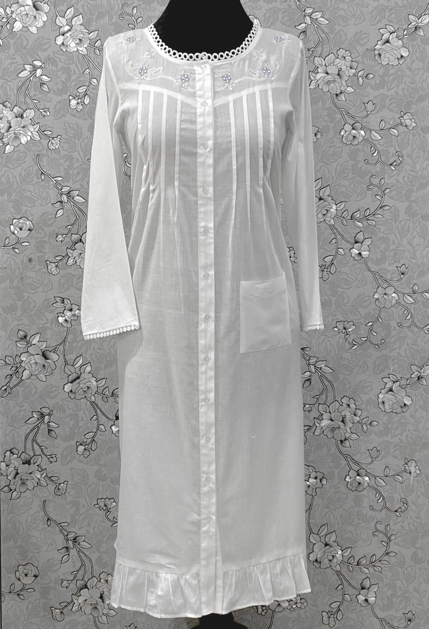 SoieRose SR-1216 Victorian 100% Cotton Nightgown – Embroidered Front & Ruffle Hem