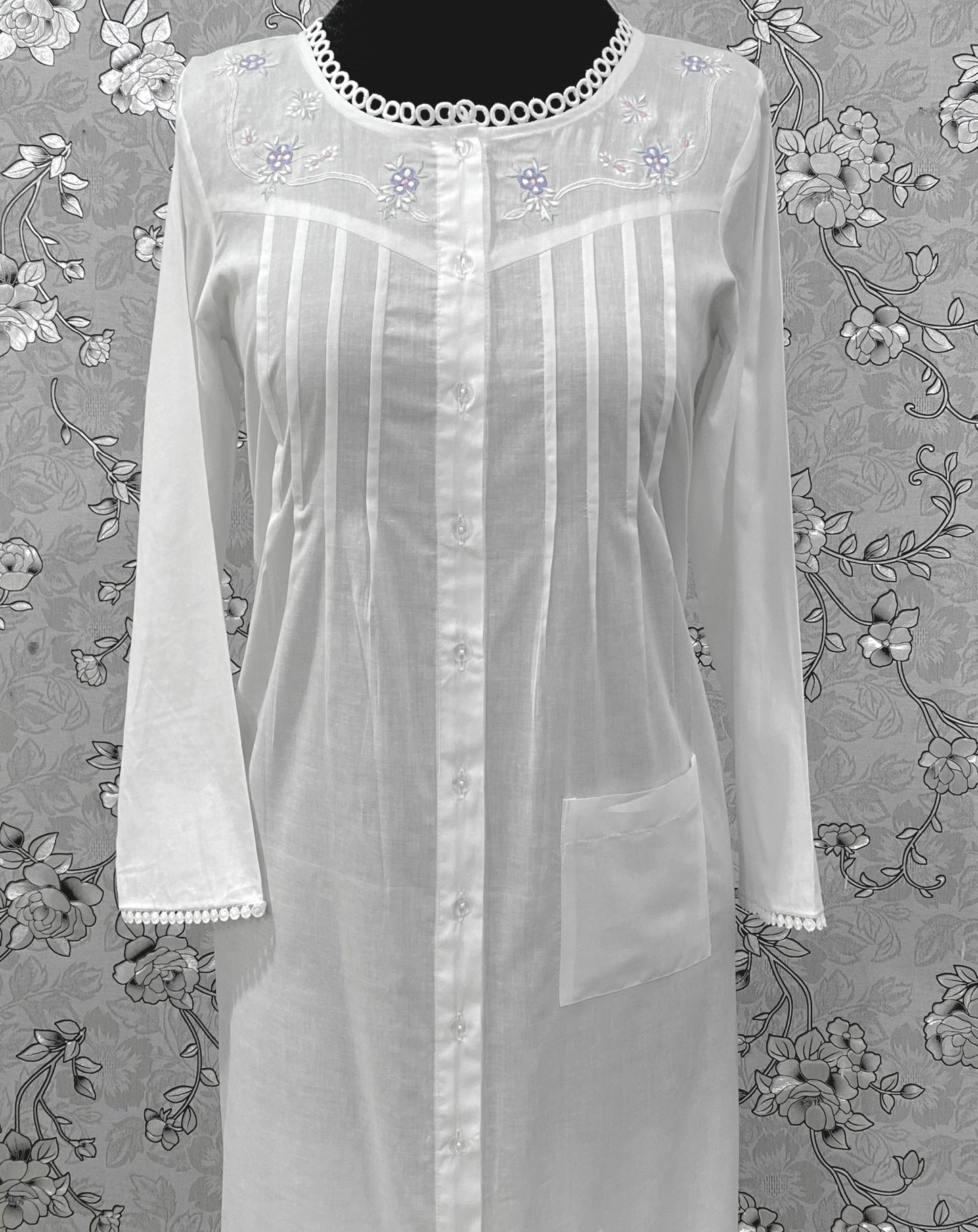 SoieRose SR-1216 Victorian 100% Cotton Nightgown – Embroidered Front & Ruffle Hem