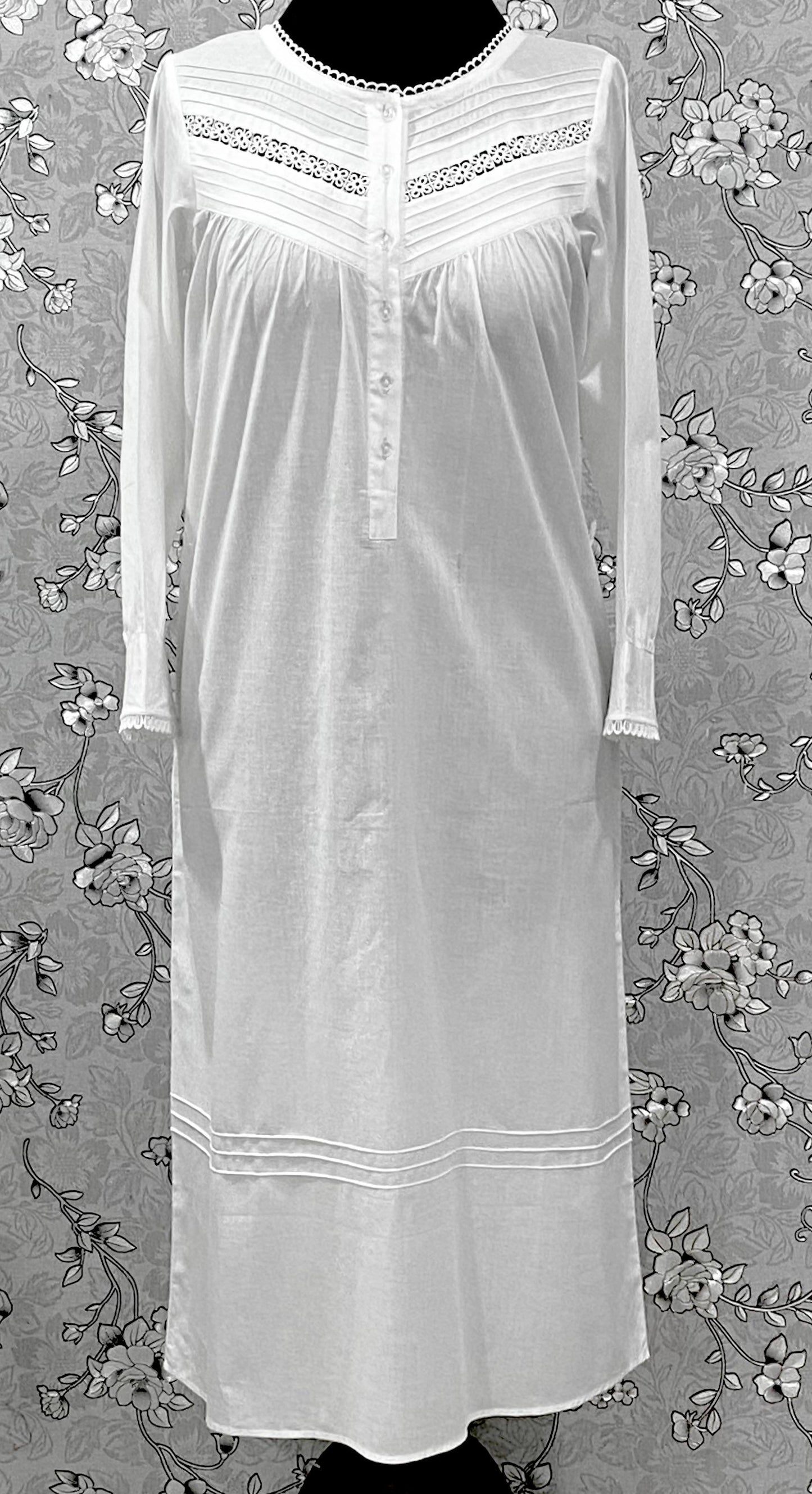 Victorian White Cotton Nightgown | Long Sleeve Vintage Night Dress | SoieRose SR-1218 | Lace Trimmed 100% Cotton Sleepwear