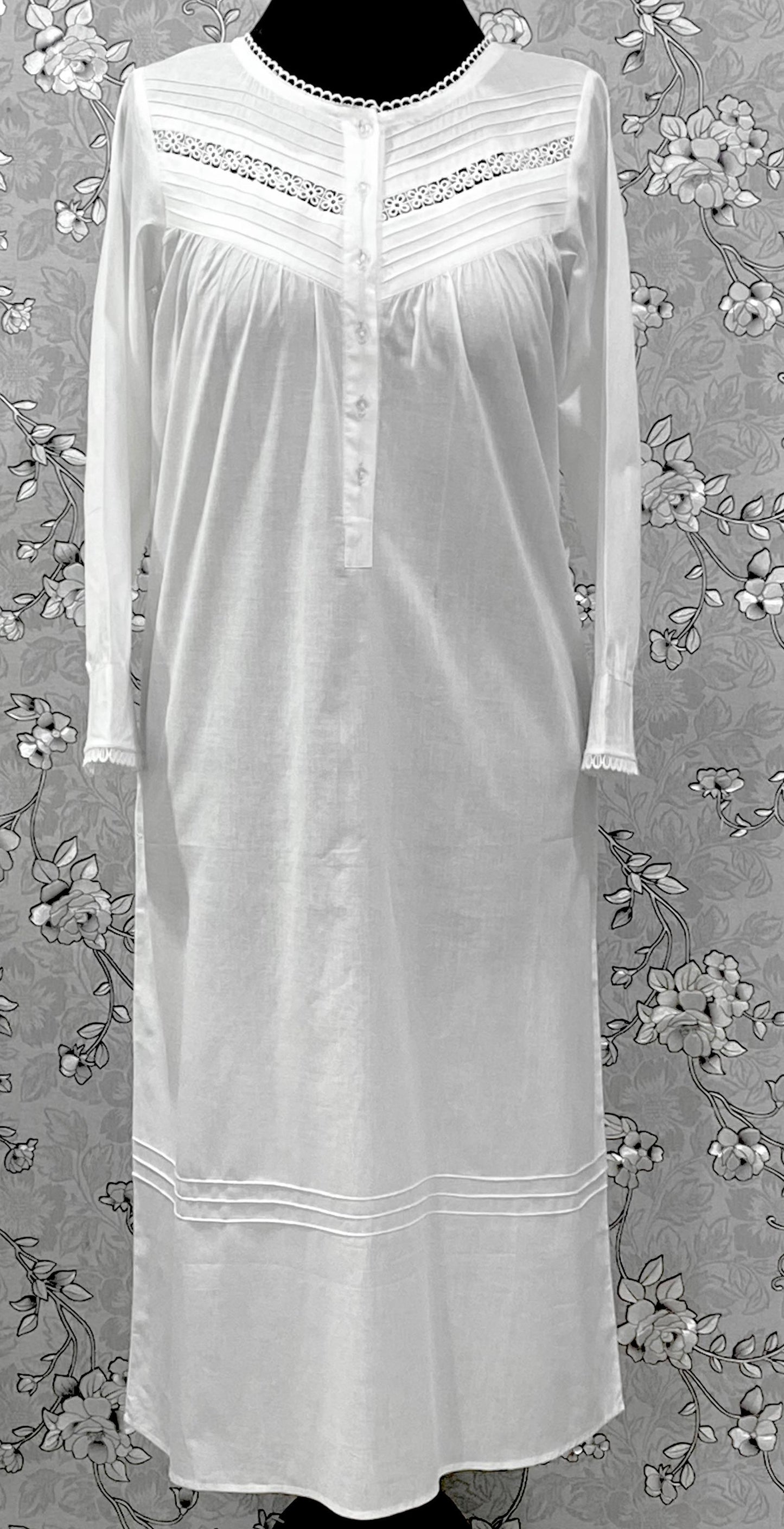 Victorian White Cotton Nightgown | Long Sleeve Vintage Night Dress | SoieRose SR-1218 | Lace Trimmed 100% Cotton Sleepwear