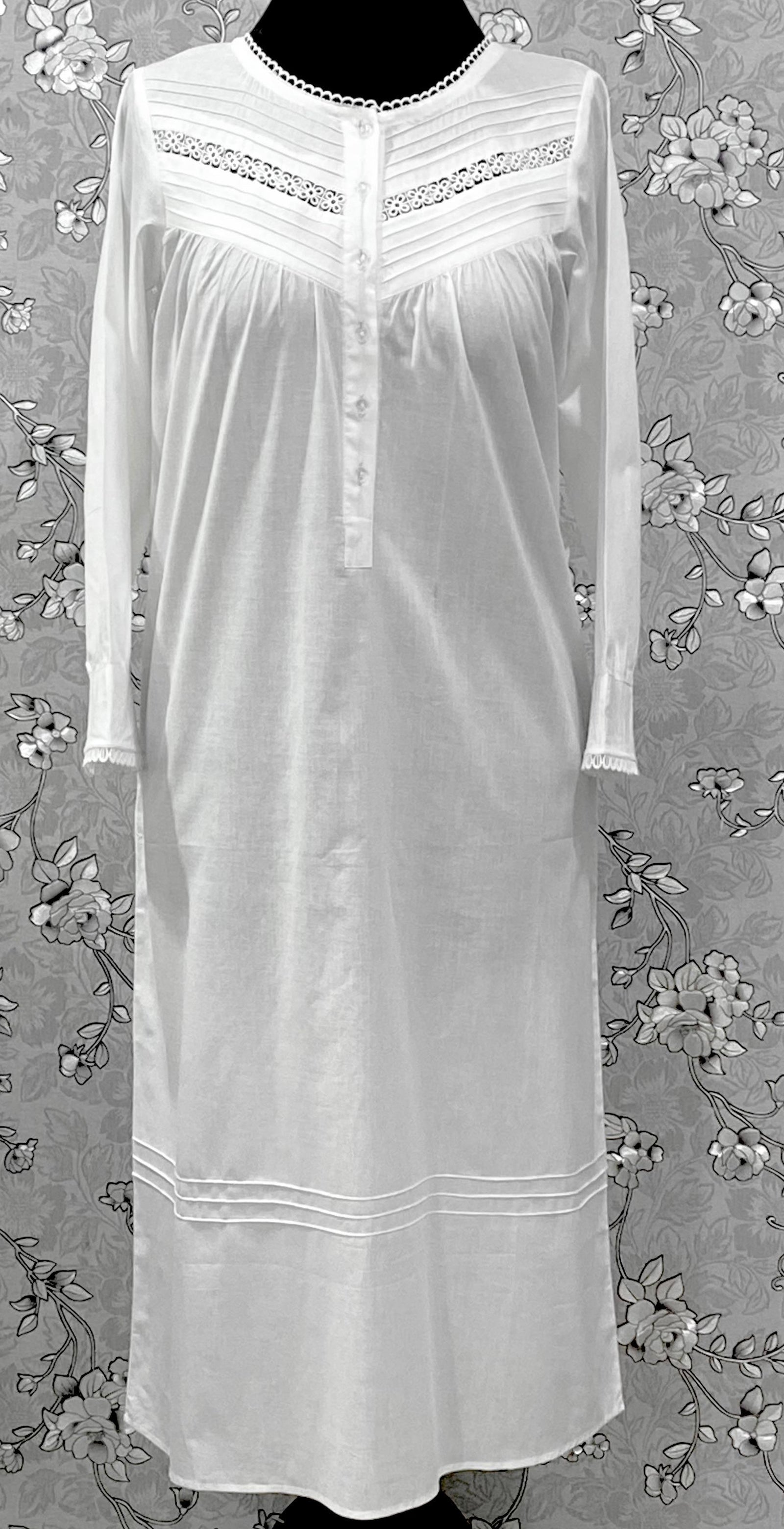 Victorian White Cotton Nightgown | Long Sleeve Vintage Night Dress | SoieRose SR-1218 | Lace Trimmed 100% Cotton Sleepwear