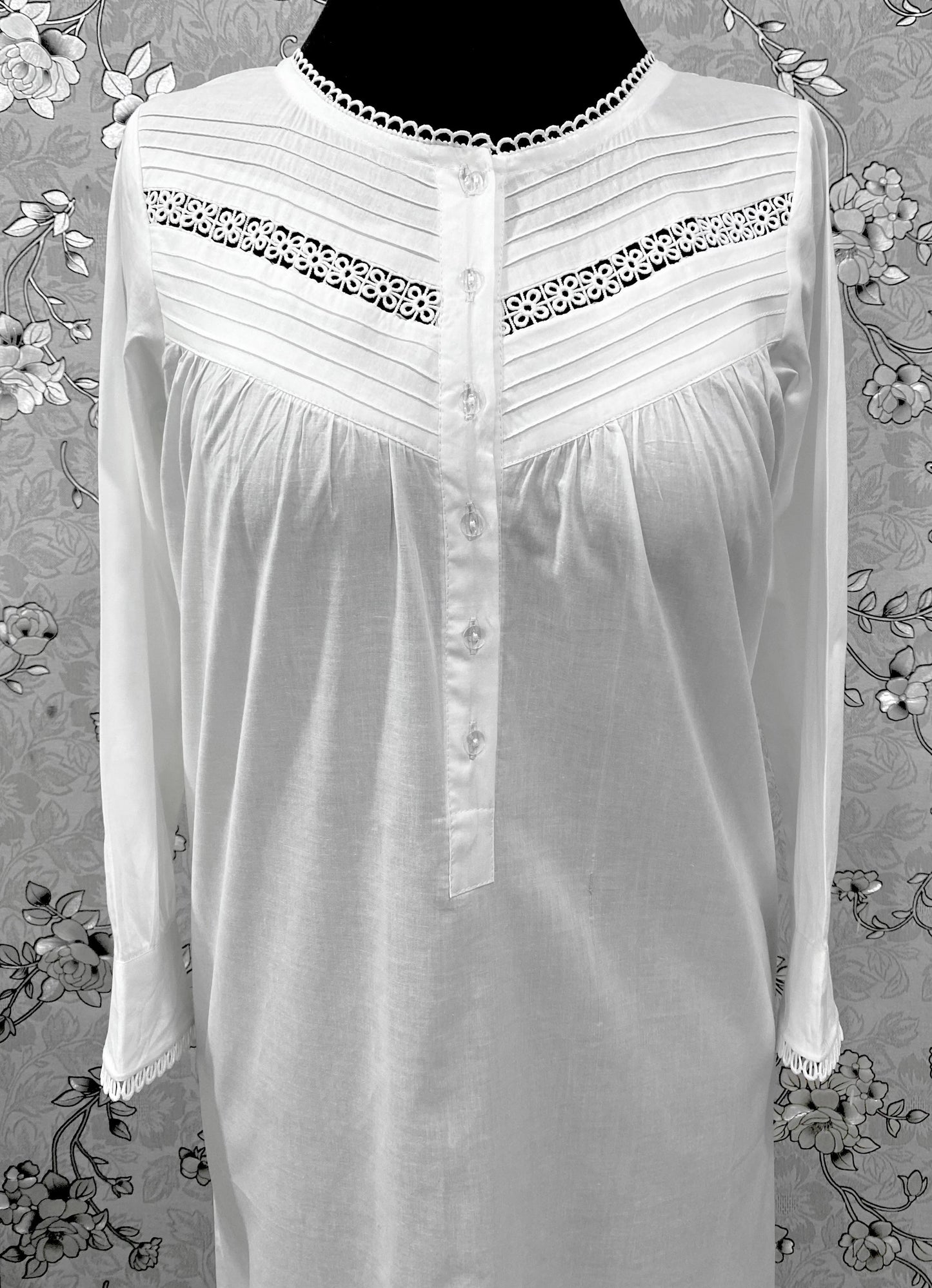 Victorian White Cotton Nightgown | Long Sleeve Vintage Night Dress | SoieRose SR-1218 | Lace Trimmed 100% Cotton Sleepwear