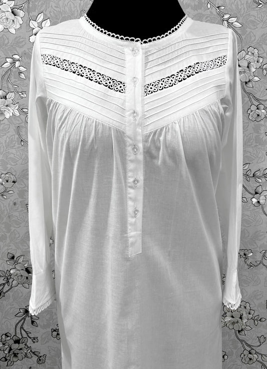 Victorian White Cotton Nightgown | Long Sleeve Vintage Night Dress | SoieRose SR-1218 | Lace Trimmed 100% Cotton Sleepwear