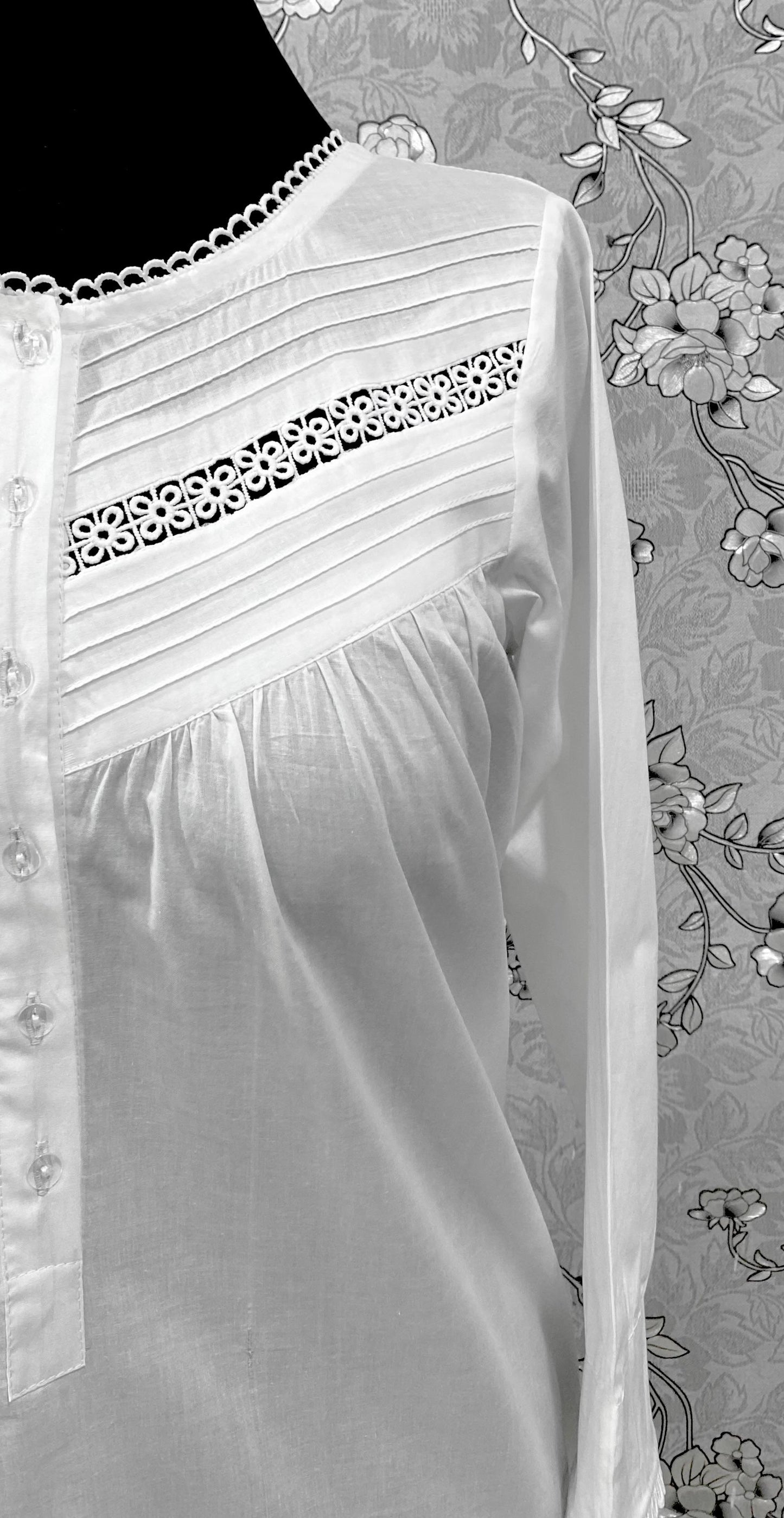 Victorian White Cotton Nightgown | Long Sleeve Vintage Night Dress | SoieRose SR-1218 | Lace Trimmed 100% Cotton Sleepwear