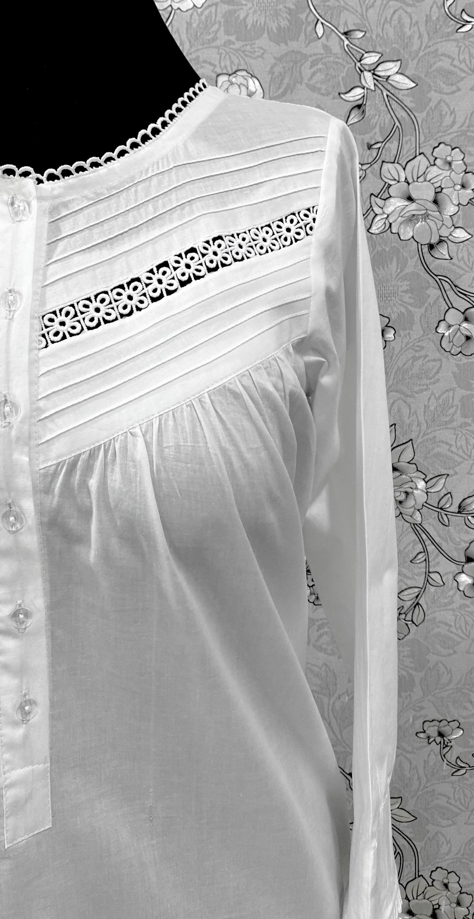 Victorian White Cotton Nightgown | Long Sleeve Vintage Night Dress | SoieRose SR-1218 | Lace Trimmed 100% Cotton Sleepwear