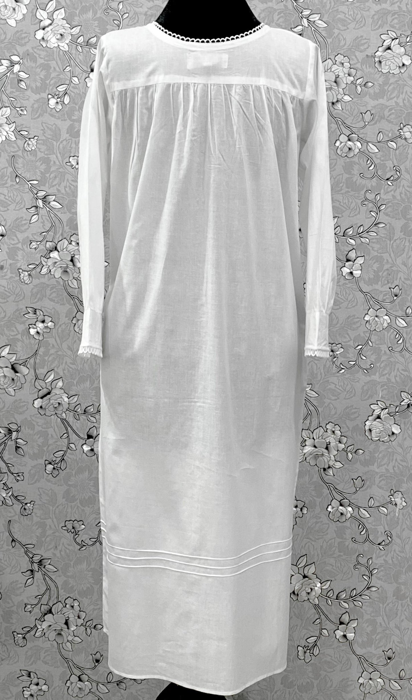 Victorian White Cotton Nightgown | Long Sleeve Vintage Night Dress | SoieRose SR-1218 | Lace Trimmed 100% Cotton Sleepwear