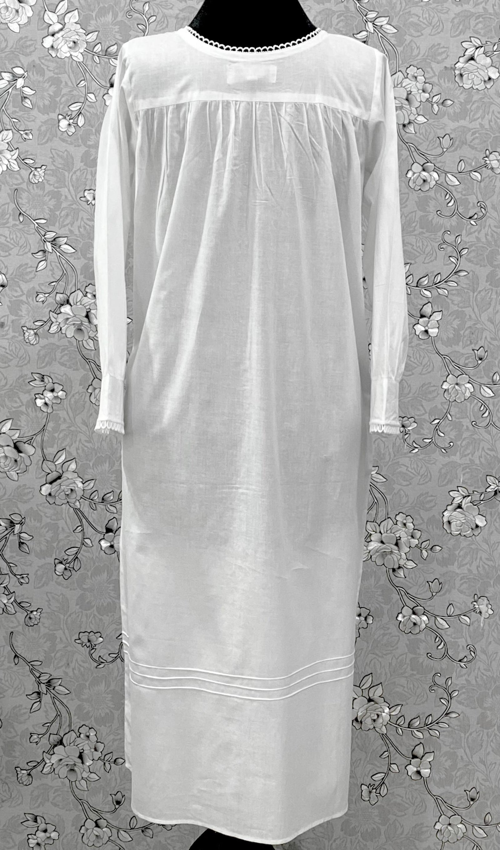 Victorian White Cotton Nightgown | Long Sleeve Vintage Night Dress | SoieRose SR-1218 | Lace Trimmed 100% Cotton Sleepwear
