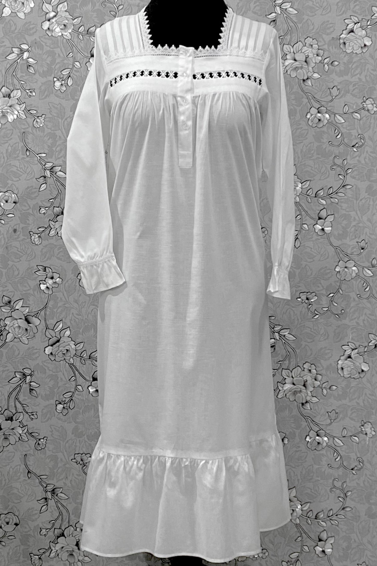 Victorian Cotton Nightgown | SoieRose SR-1219 | Long Sleeve White Sleep Dress | Lace & Pintuck Detailing