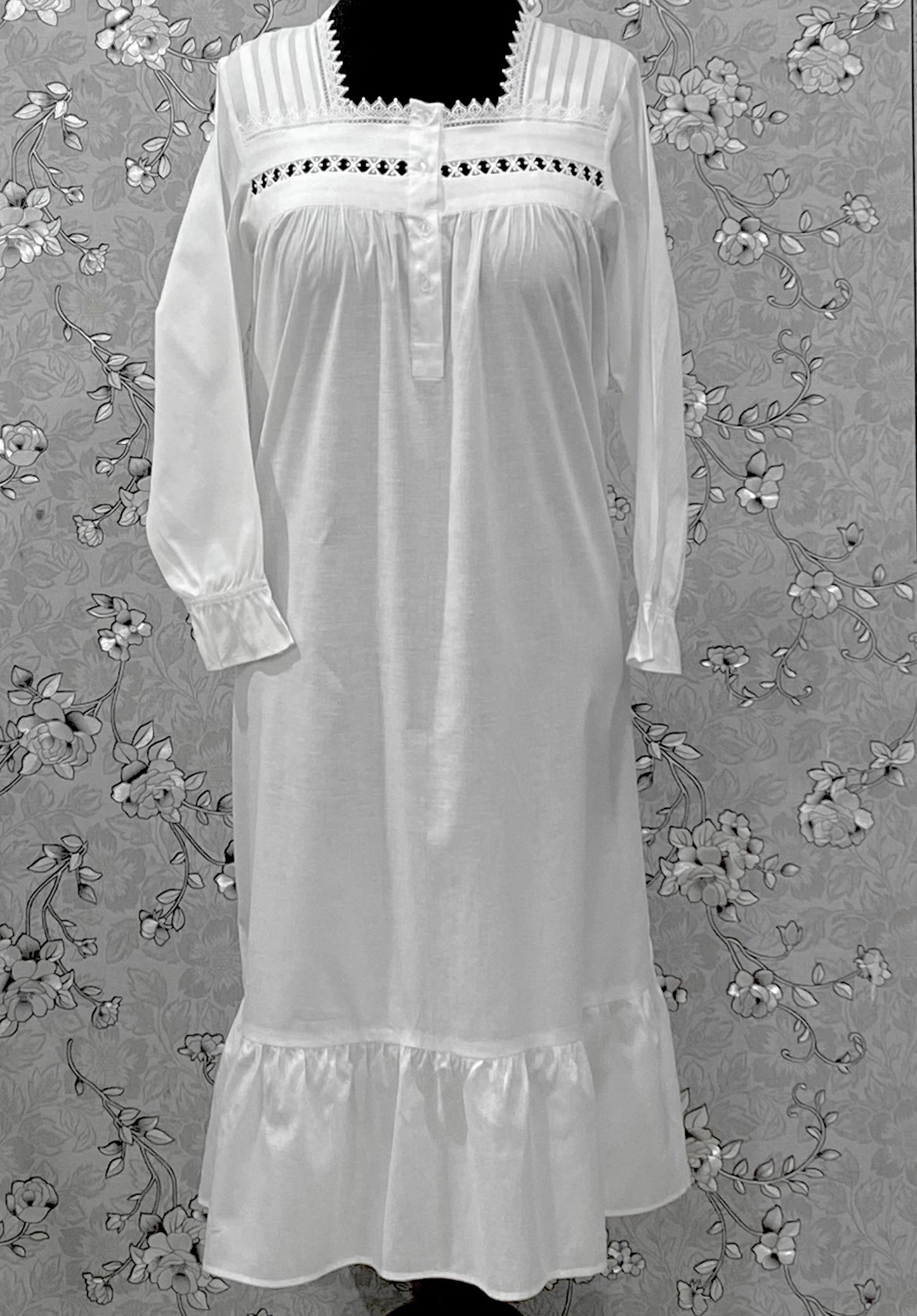Victorian Cotton Nightgown | SoieRose SR-1219 | Long Sleeve White Sleep Dress | Lace & Pintuck Detailing