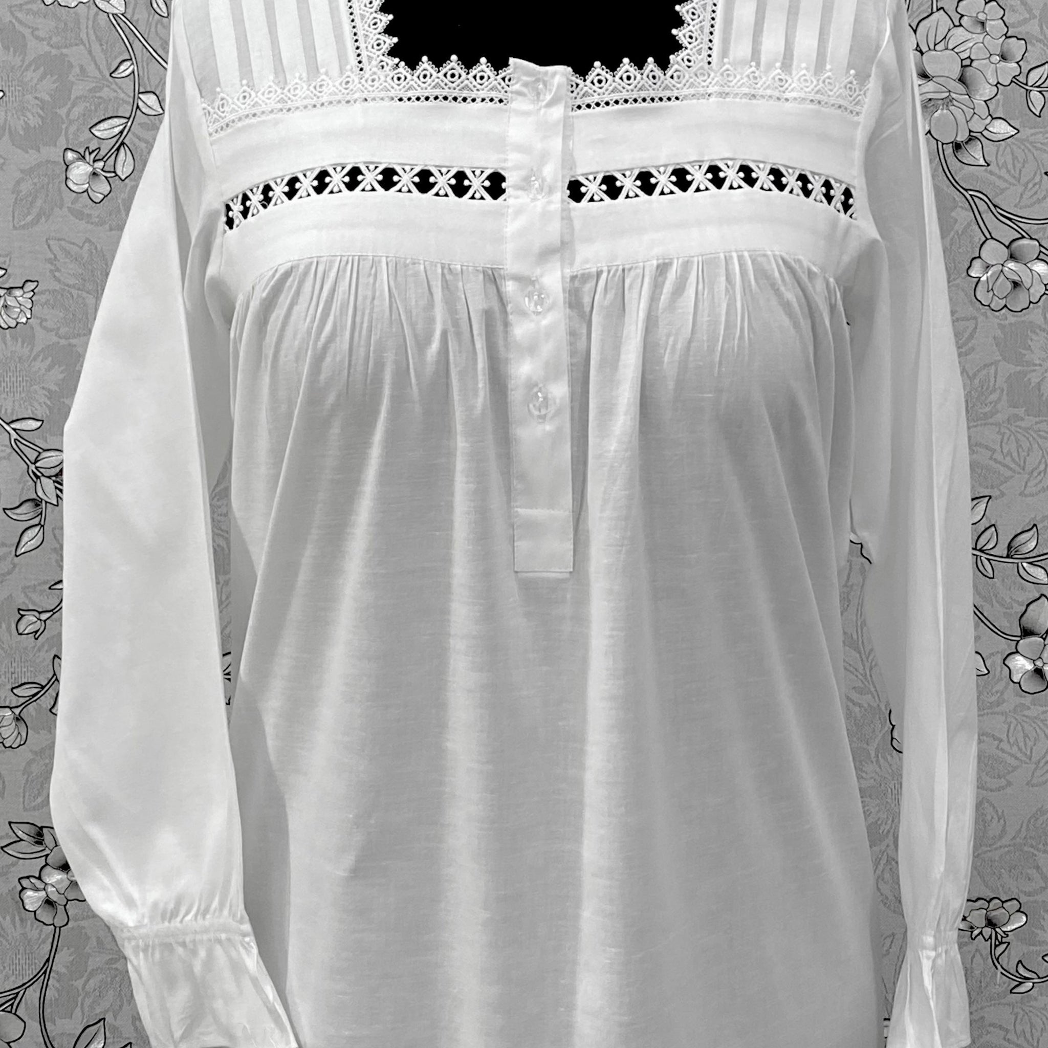Victorian Cotton Nightgown | SoieRose SR-1219 | Long Sleeve White Sleep Dress | Lace & Pintuck Detailing