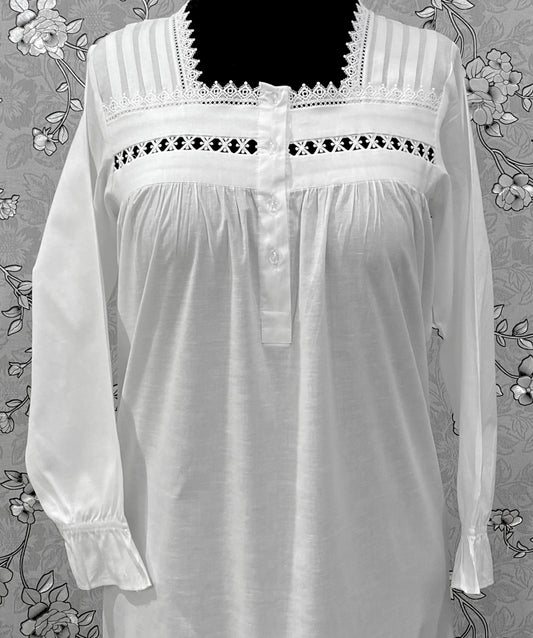 Victorian Cotton Nightgown | SoieRose SR-1219 | Long Sleeve White Sleep Dress | Lace & Pintuck Detailing