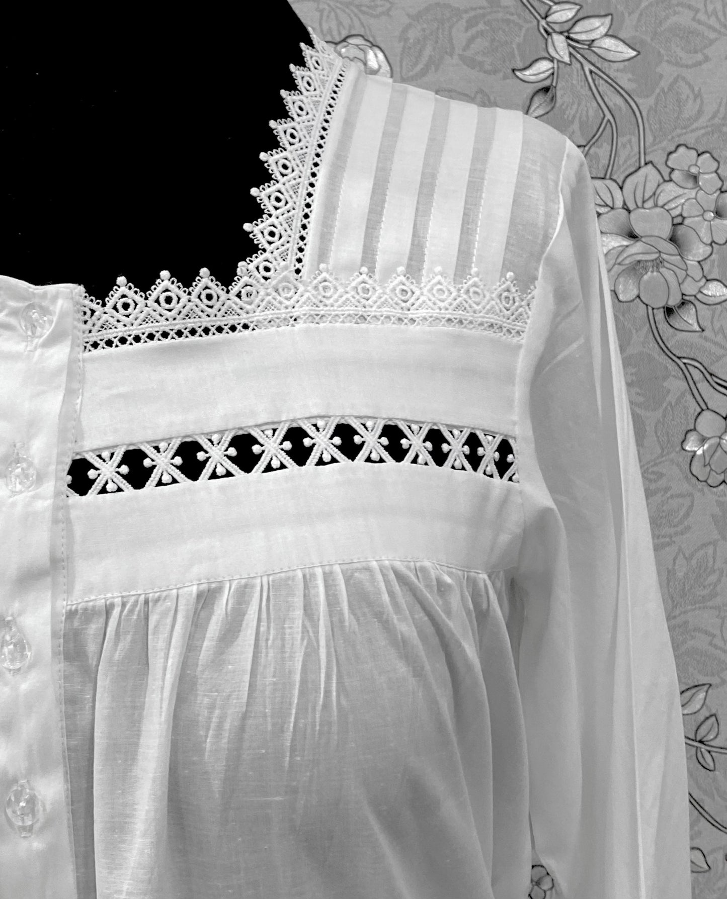 Victorian Cotton Nightgown | SoieRose SR-1219 | Long Sleeve White Sleep Dress | Lace & Pintuck Detailing