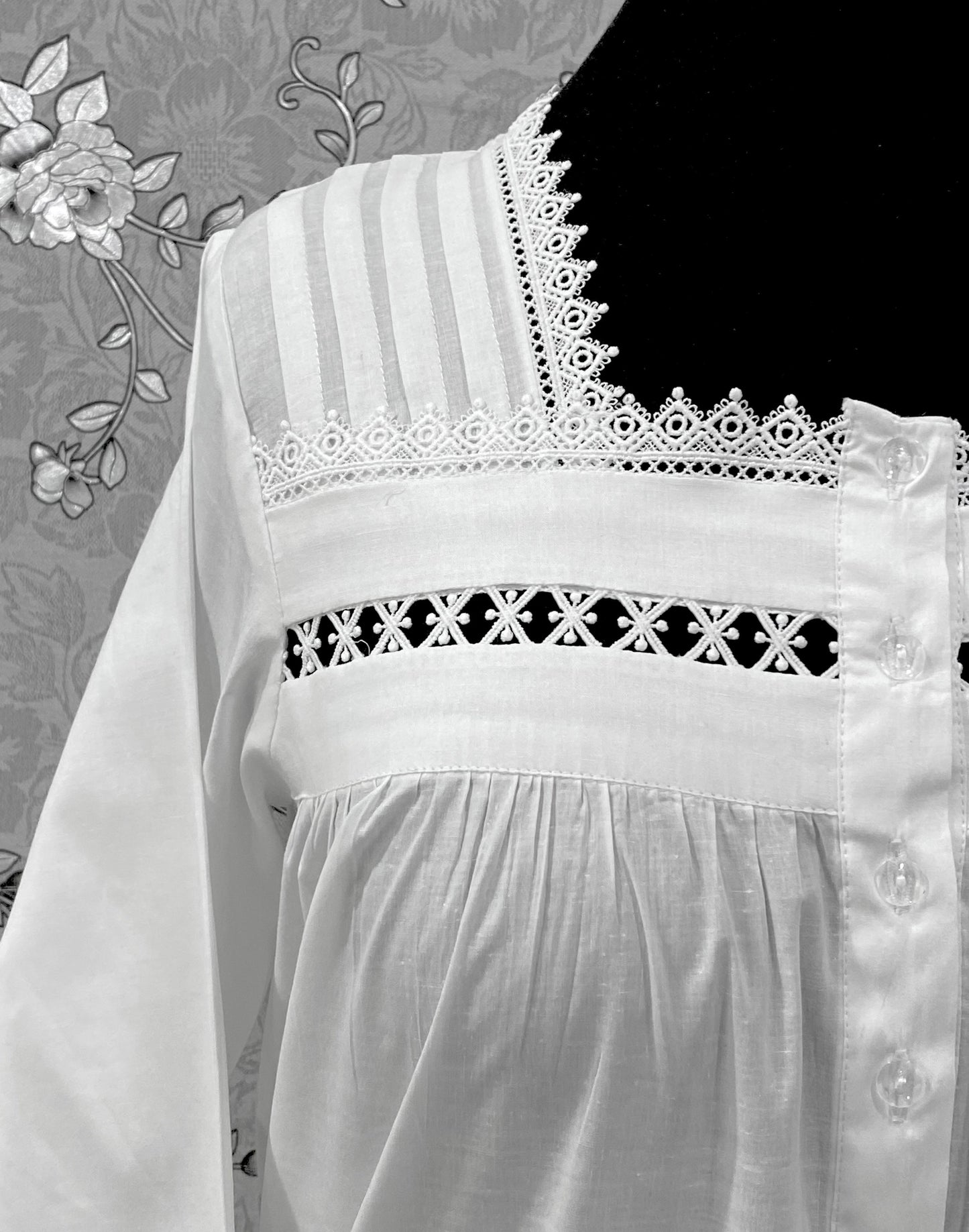 Victorian Cotton Nightgown | SoieRose SR-1219 | Long Sleeve White Sleep Dress | Lace & Pintuck Detailing