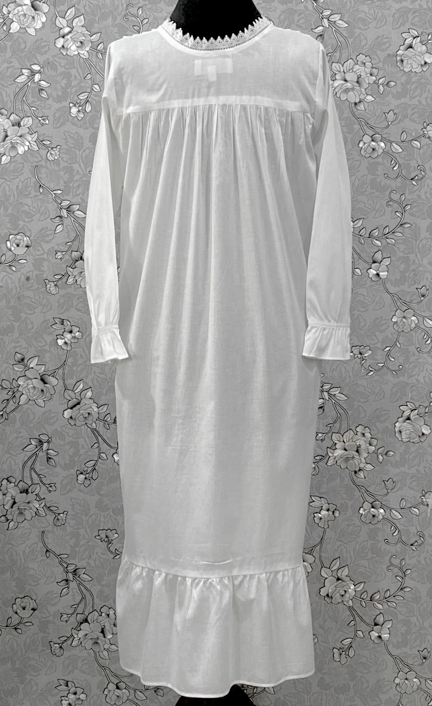 Victorian Cotton Nightgown | SoieRose SR-1219 | Long Sleeve White Sleep Dress | Lace & Pintuck Detailing