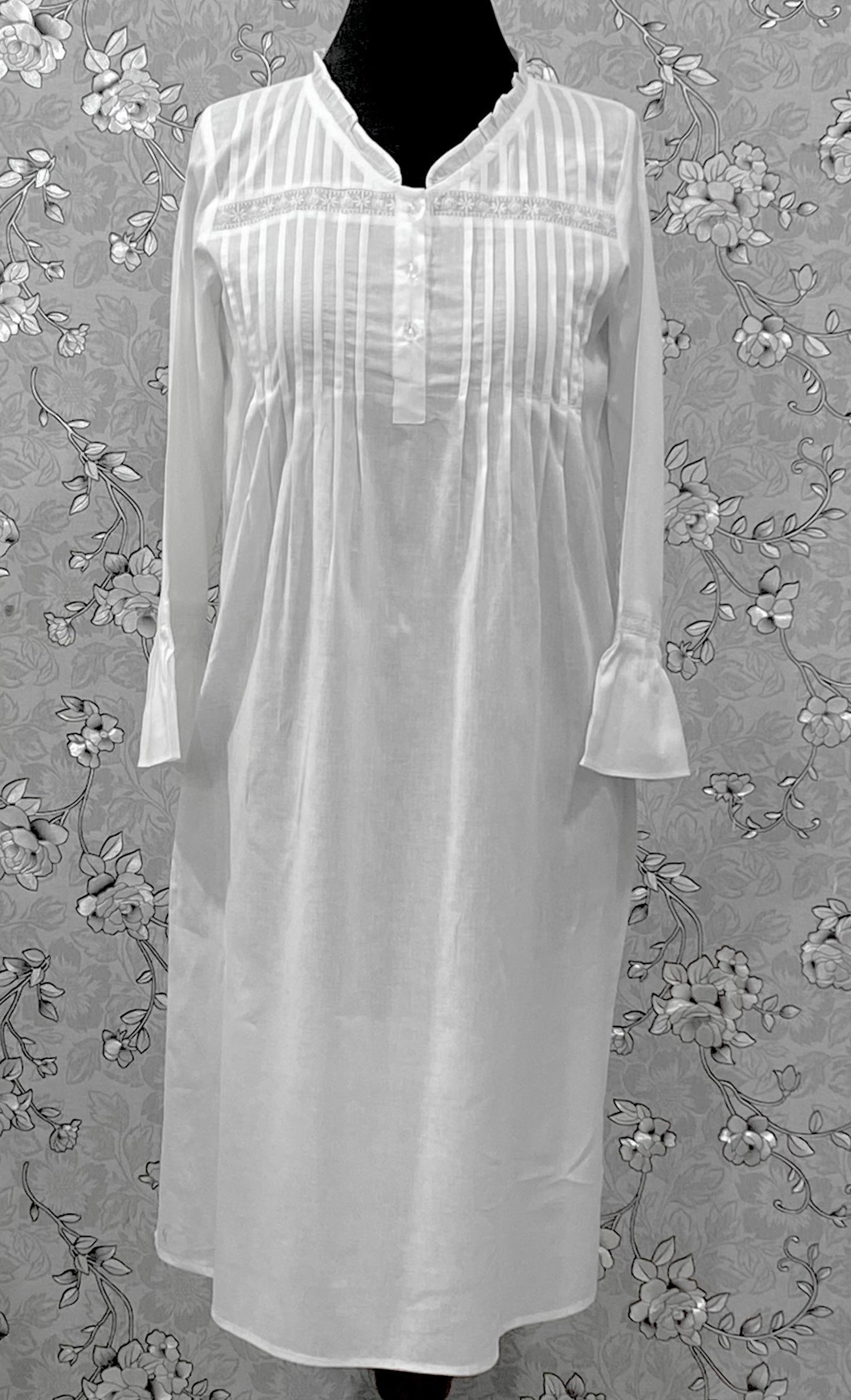 Victorian White Cotton Nightgown | SoieRose SR-1220 | Long Sleeve Vintage Night Dress | Pintuck Lace Sleepwear