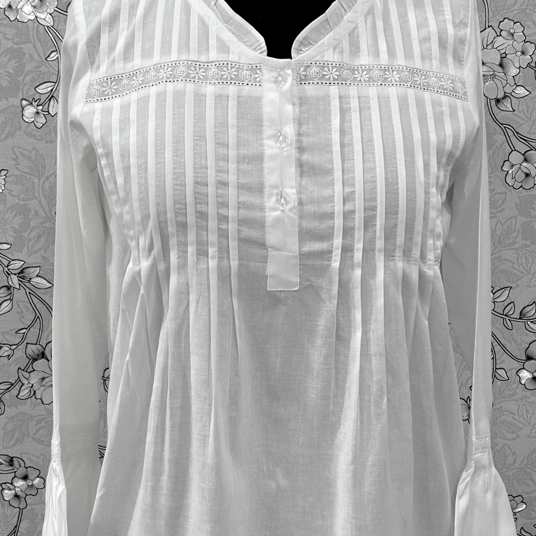 Victorian White Cotton Nightgown | SoieRose SR-1220 | Long Sleeve Vintage Night Dress | Pintuck Lace Sleepwear