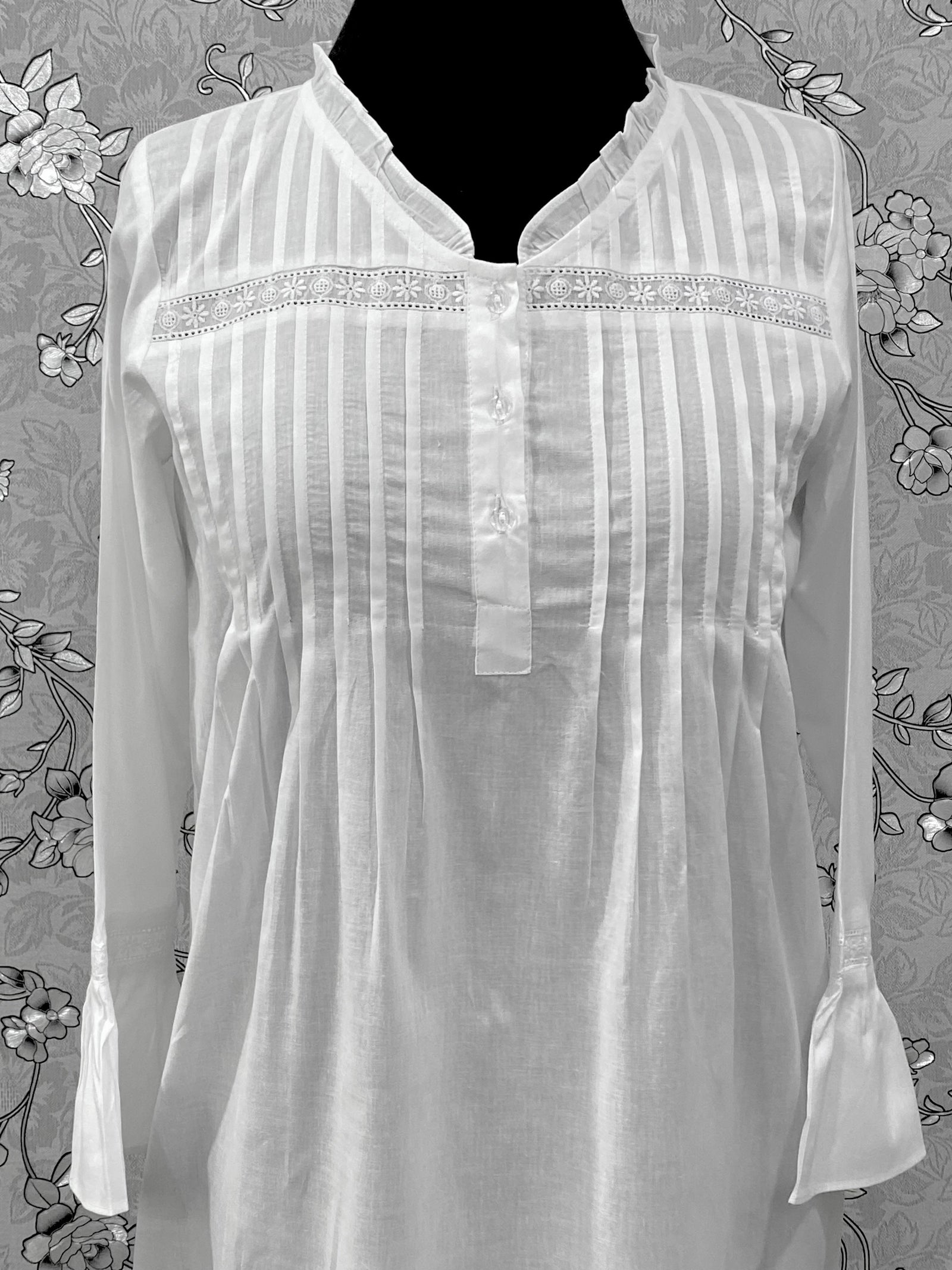 Victorian White Cotton Nightgown | SoieRose SR-1220 | Long Sleeve Vintage Night Dress | Pintuck Lace Sleepwear
