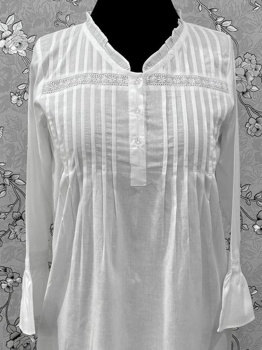 Victorian White Cotton Nightgown | SoieRose SR-1220 | Long Sleeve Vintage Night Dress | Pintuck Lace Sleepwear