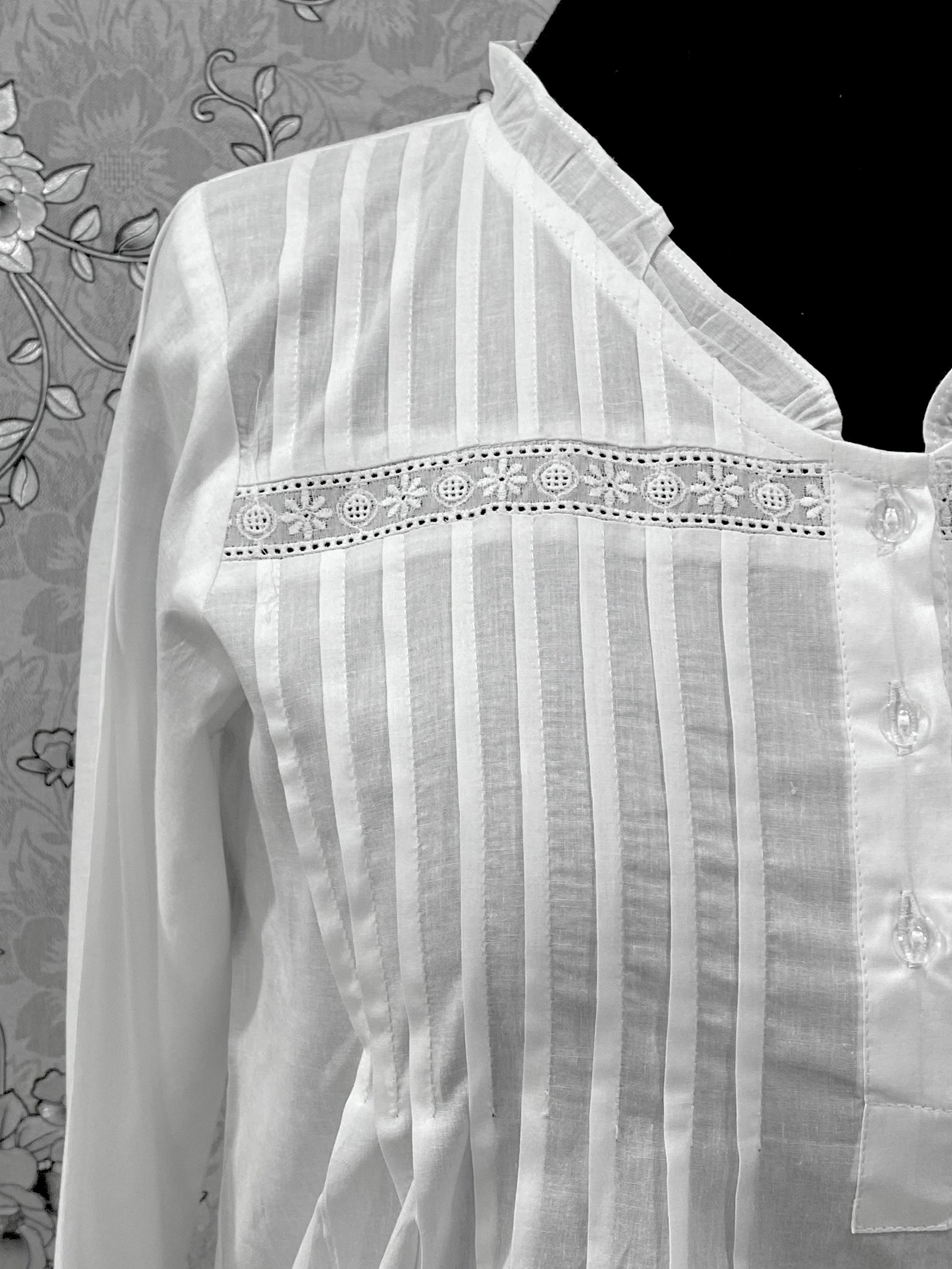 Victorian White Cotton Nightgown | SoieRose SR-1220 | Long Sleeve Vintage Night Dress | Pintuck Lace Sleepwear