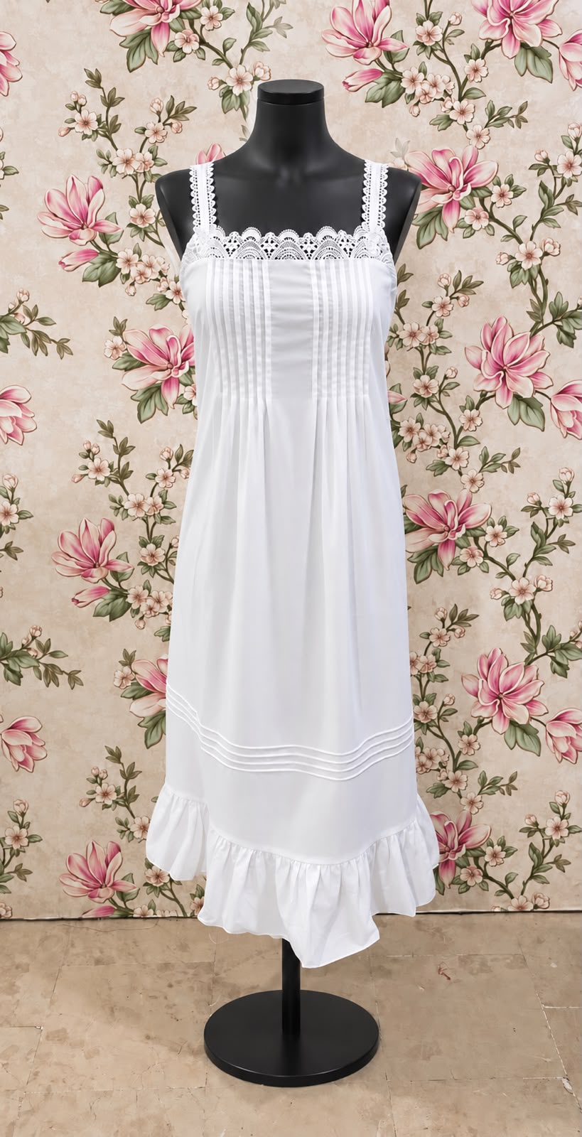 SoieRose SR-1354 Victorian Nightgown 100% Cotton Lace Trim Pintuck Sleeveless Long Nightgown Ruffle Hem Vintage Sleepwear