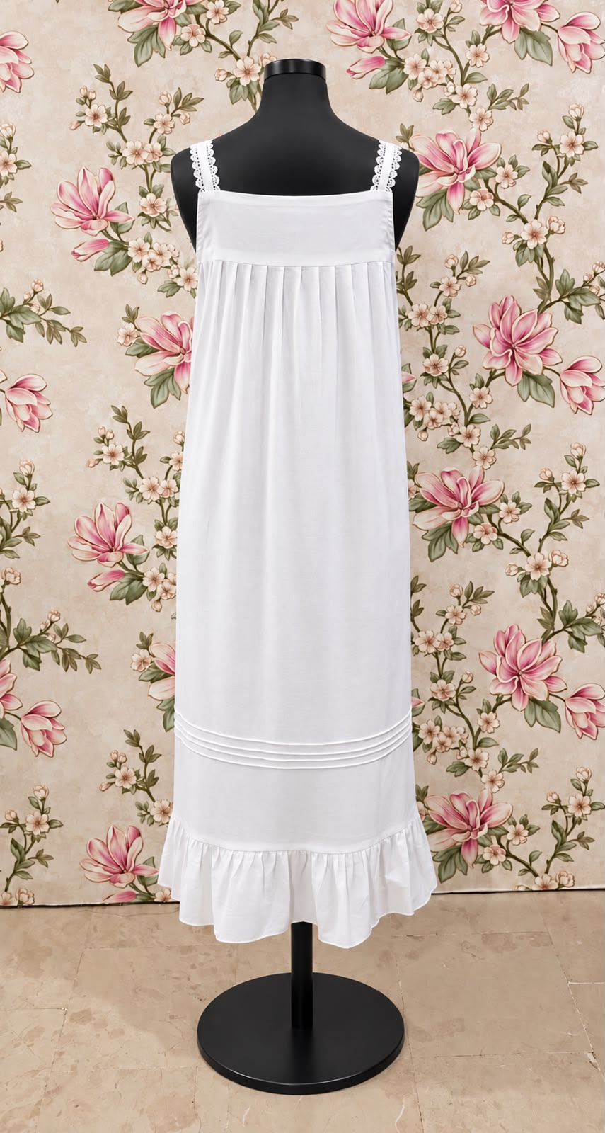 SoieRose SR-1354 Victorian Nightgown 100% Cotton Lace Trim Pintuck Sleeveless Long Nightgown Ruffle Hem Vintage Sleepwear
