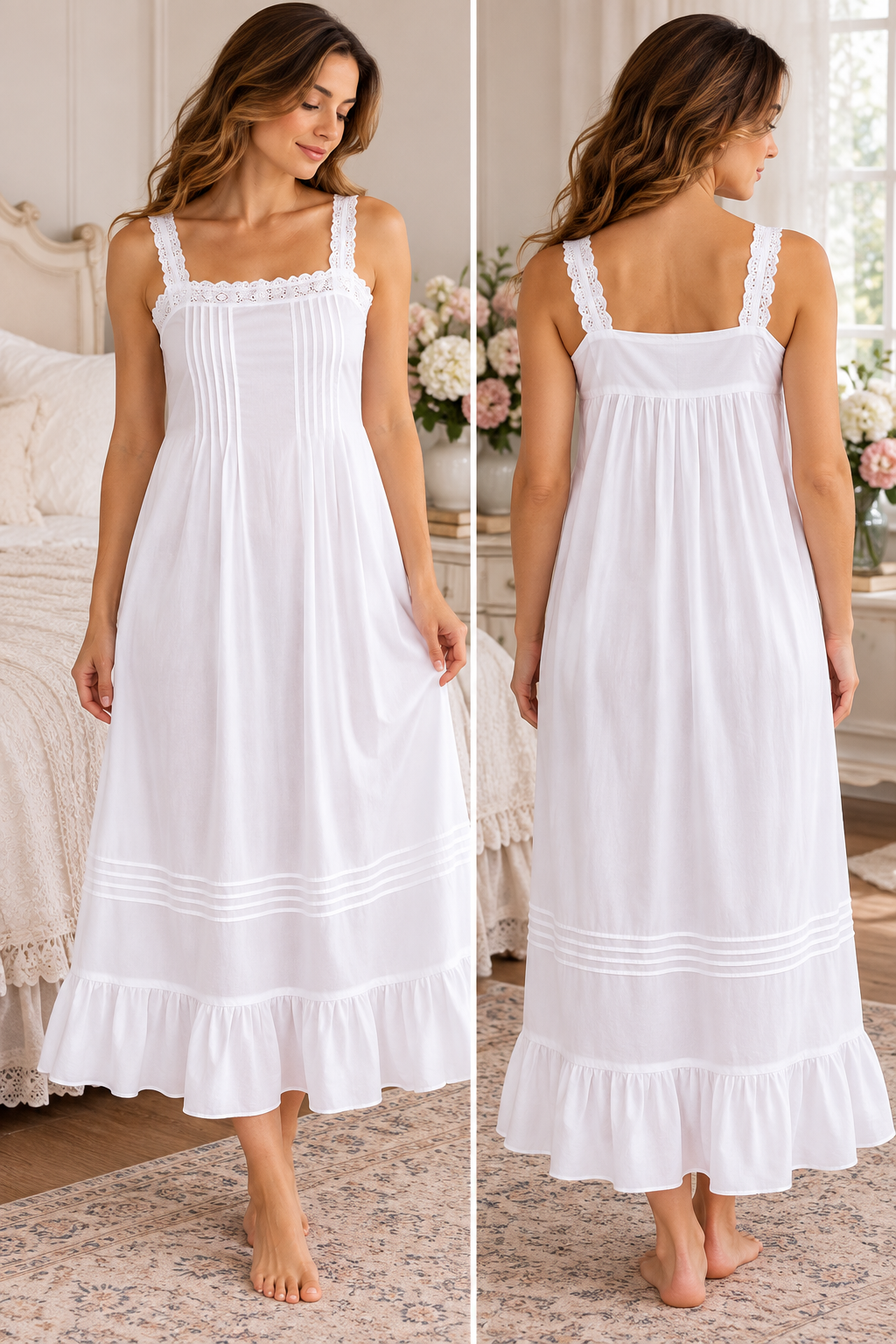 SoieRose SR-1354 Victorian Nightgown 100% Cotton Lace Trim Pintuck Sleeveless Long Nightgown Ruffle Hem Vintage Sleepwear