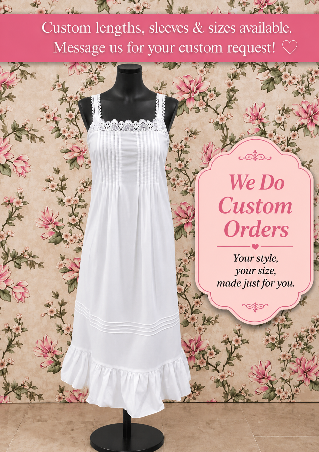 SoieRose SR-1354 Victorian Nightgown 100% Cotton Lace Trim Pintuck Sleeveless Long Nightgown Ruffle Hem Vintage Sleepwear