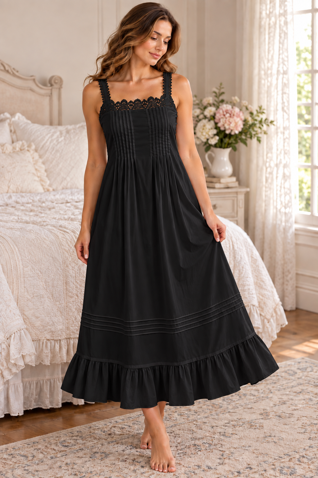 SoieRose SR-1354 Victorian Nightgown 100% Cotton Lace Trim Pintuck Sleeveless Long Nightgown Ruffle Hem Vintage Sleepwear
