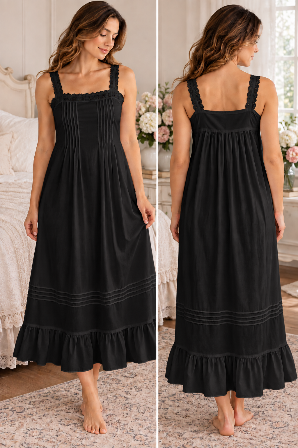 SoieRose SR-1354 Victorian Nightgown 100% Cotton Lace Trim Pintuck Sleeveless Long Nightgown Ruffle Hem Vintage Sleepwear