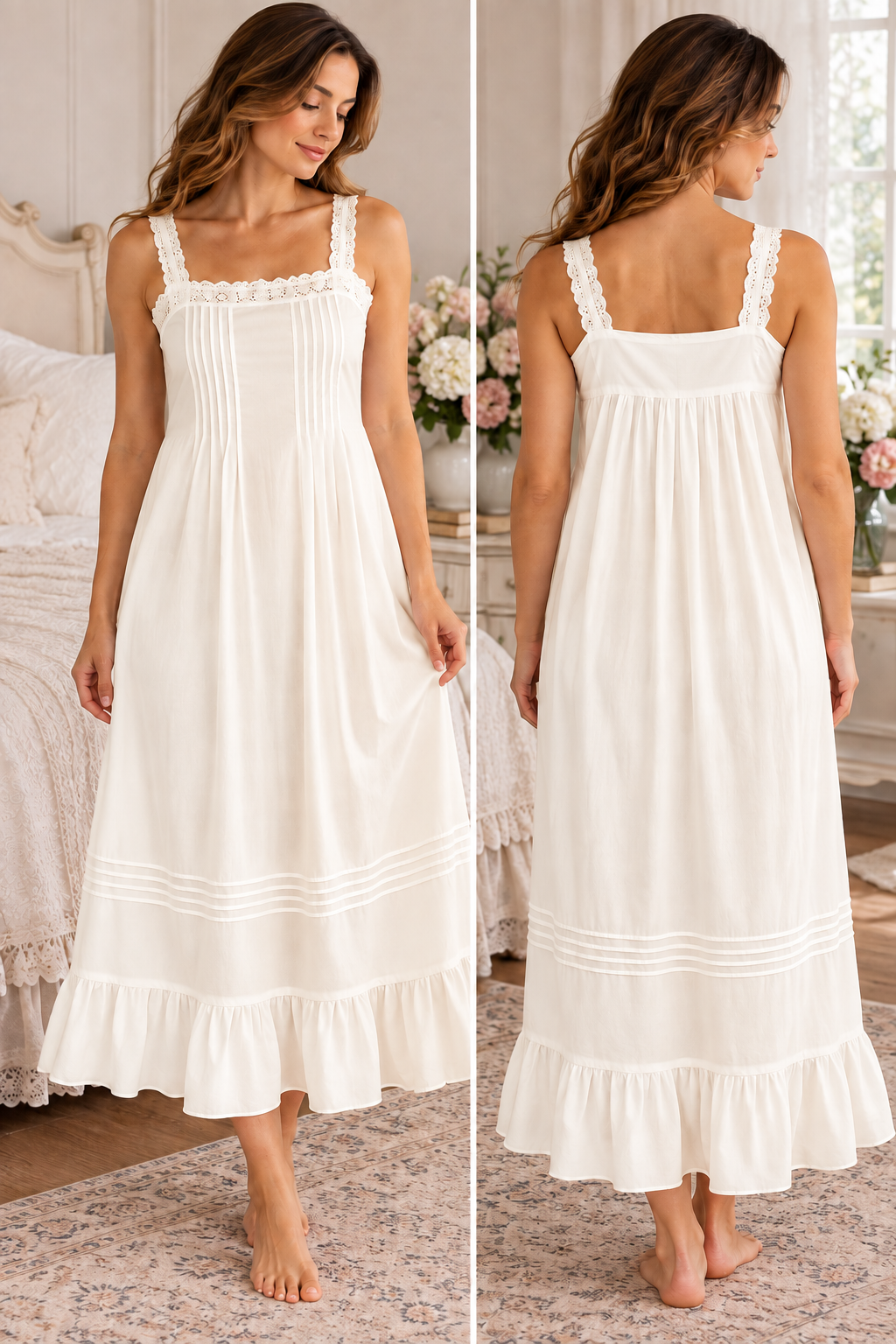 SoieRose SR-1354 Victorian Nightgown 100% Cotton Lace Trim Pintuck Sleeveless Long Nightgown Ruffle Hem Vintage Sleepwear