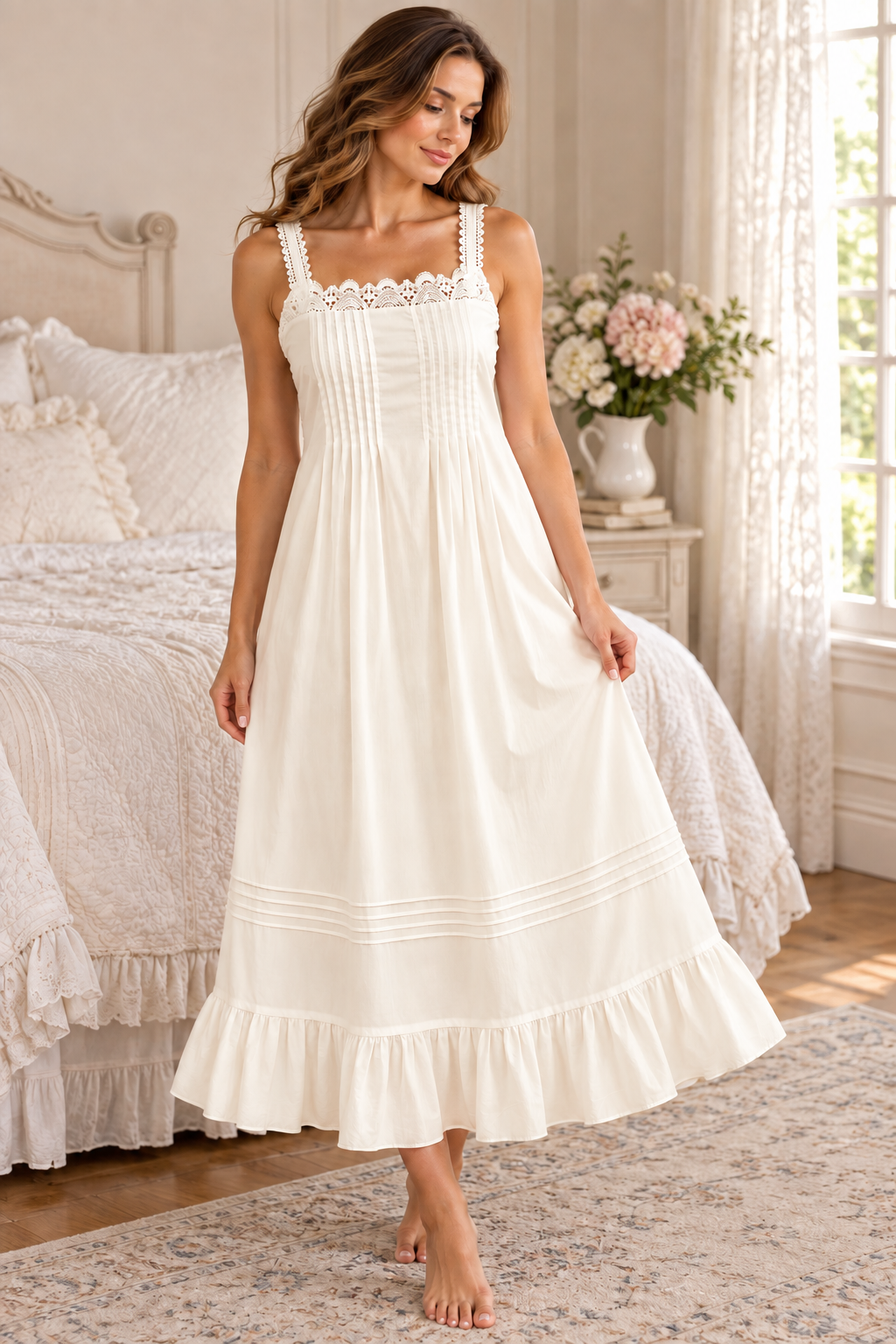 SoieRose SR-1354 Victorian Nightgown 100% Cotton Lace Trim Pintuck Sleeveless Long Nightgown Ruffle Hem Vintage Sleepwear