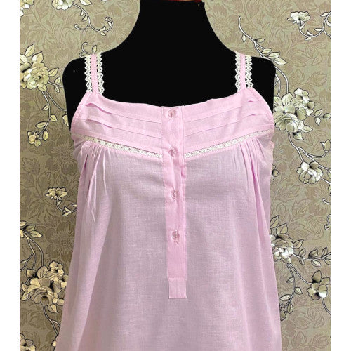 SoieRose SR1108 Women's 100% Cotton Victorian Nightgown – Pink, Sleek Fit with Lacey Straps