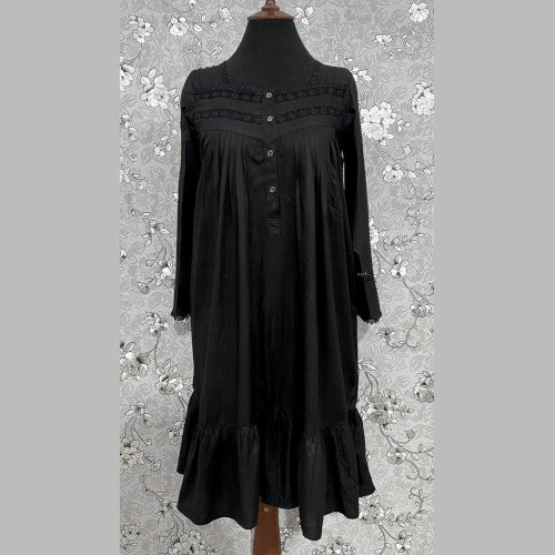 SoieRose Victorian-Style Black 100% Cotton Nightgown with Long Sleeves-SR 1048