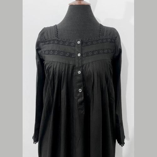 SoieRose Victorian-Style Black 100% Cotton Nightgown with Long Sleeves-SR 1048