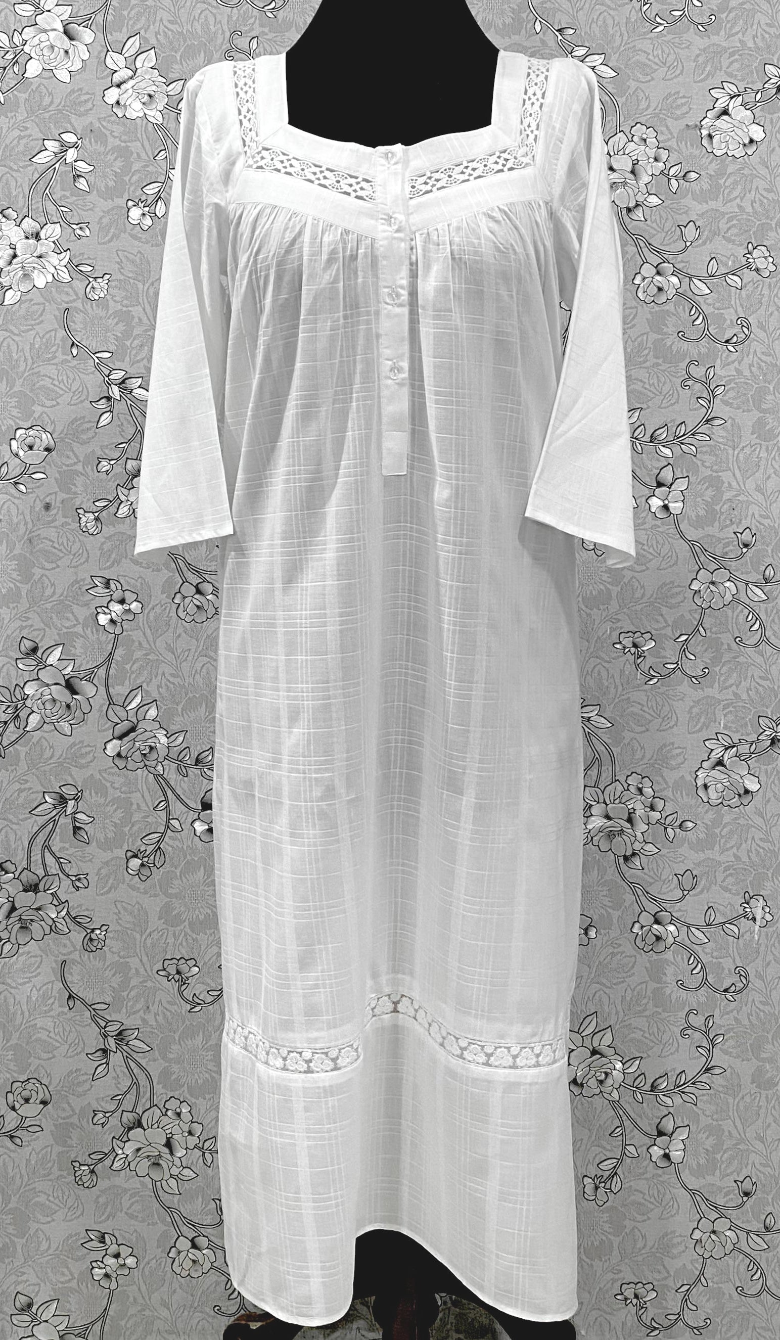 SoieRose Victorian 100% Cotton Nightgown with Square Neck & Lace Inset – SR-1231