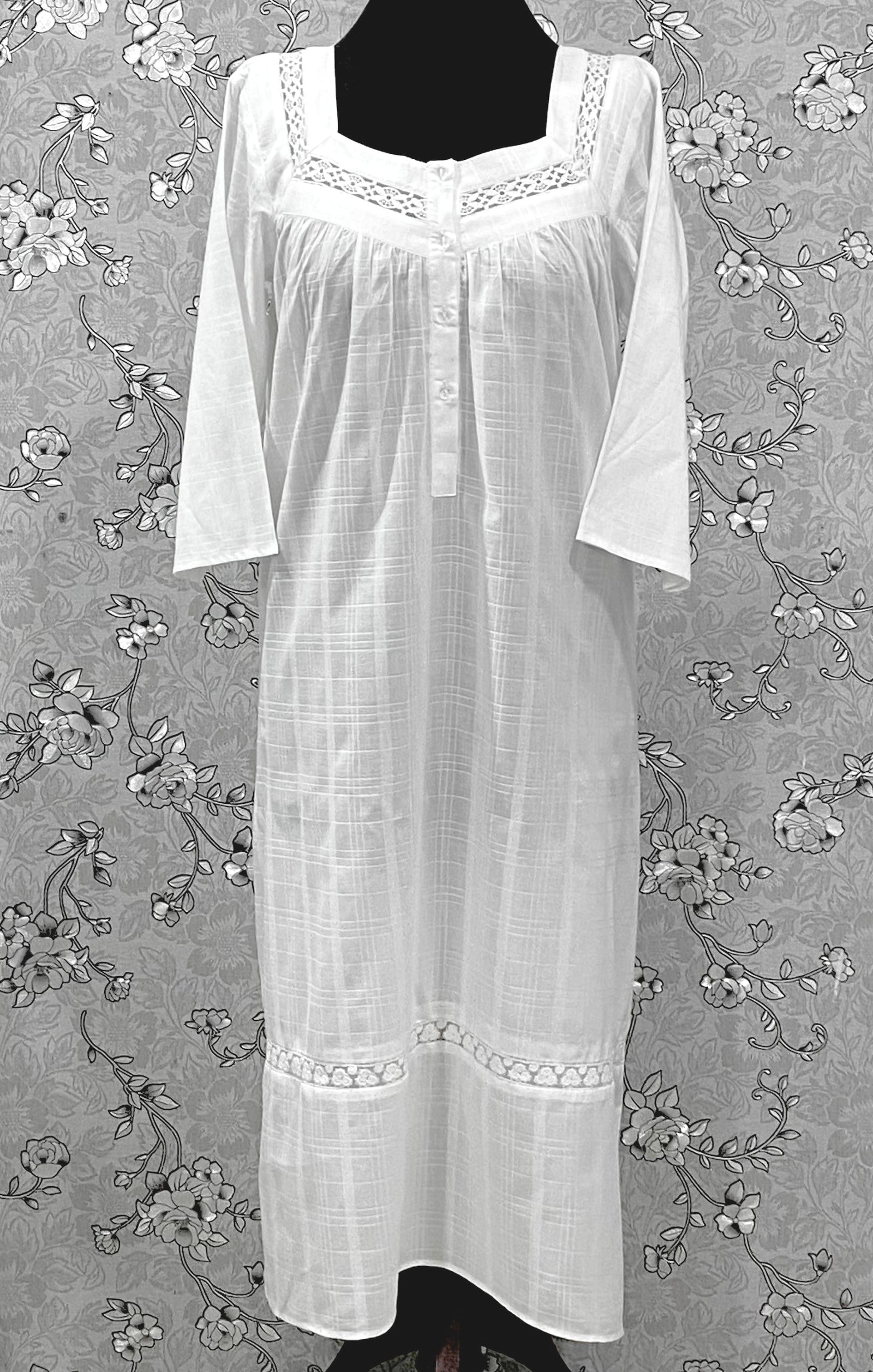 SoieRose Victorian 100% Cotton Nightgown with Square Neck & Lace Inset – SR-1231