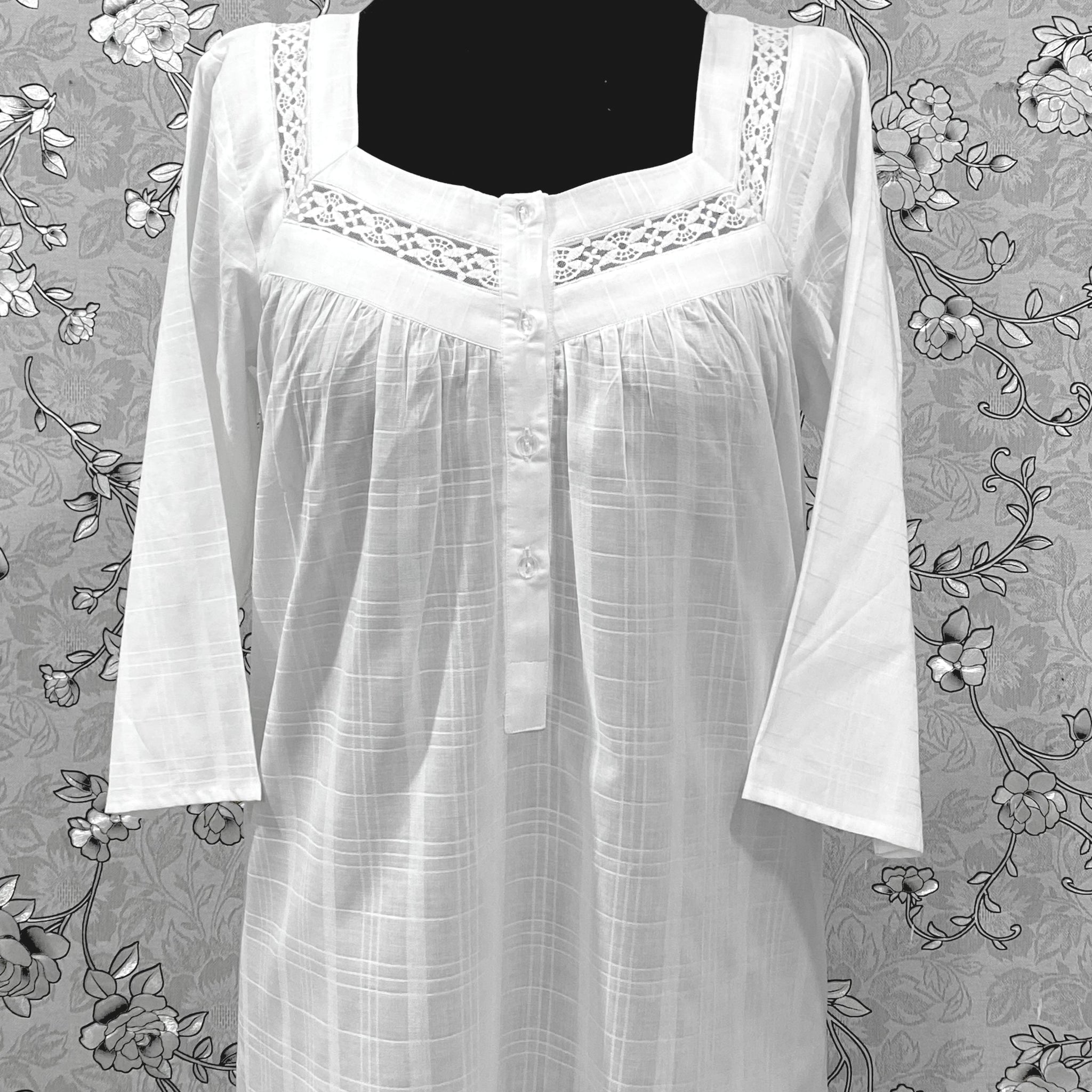 SoieRose Victorian 100% Cotton Nightgown with Square Neck & Lace Inset – SR-1231