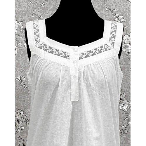 SoieRose Victorian 100% Cotton Sleeveless Nightgown with Sheer Lace Yoke - SR1156