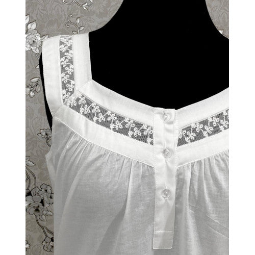 SoieRose Victorian 100% Cotton Sleeveless Nightgown with Sheer Lace Yoke - SR1156